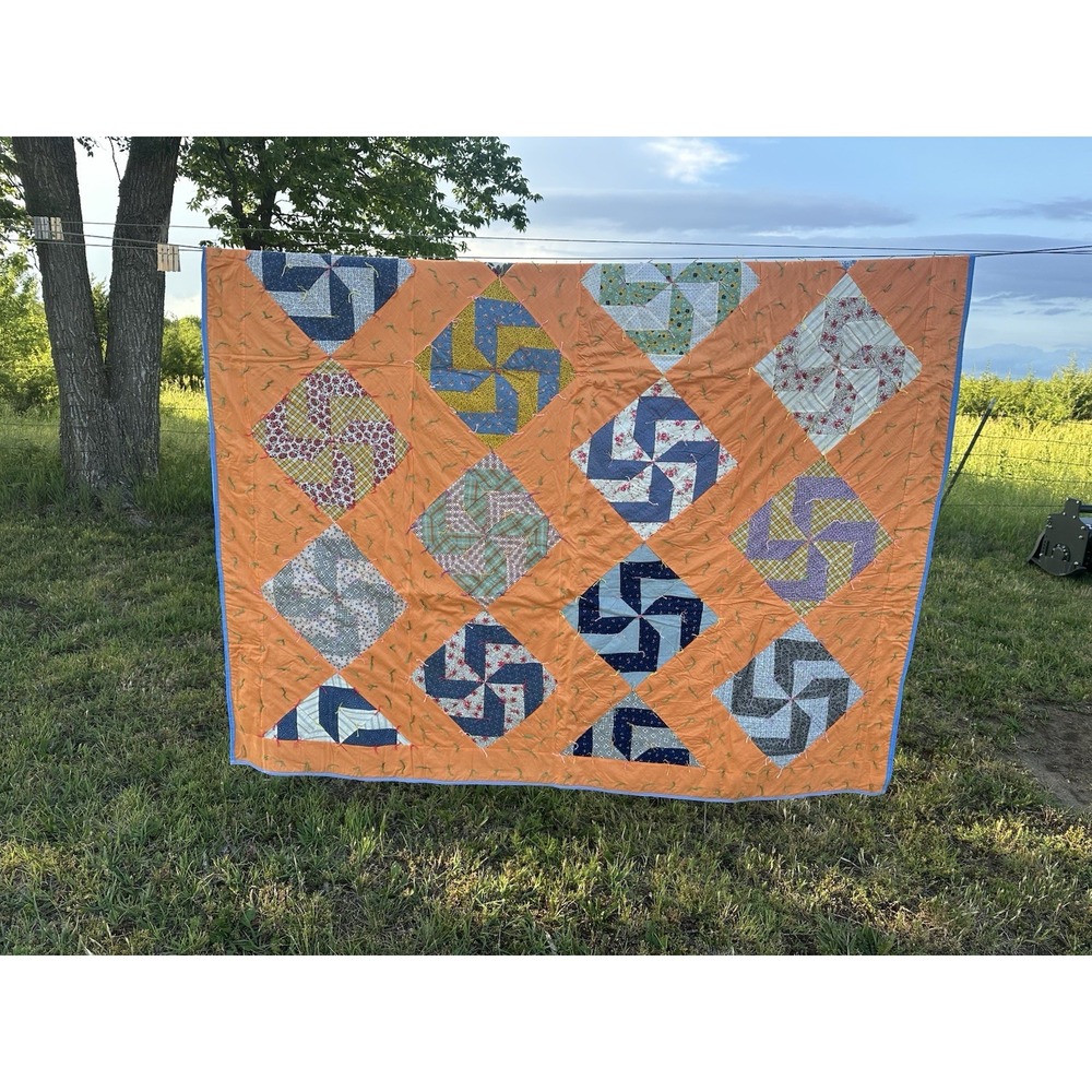 Vintage Hand Stitched Pinwheel Quilt, Approximately 68"x86", Vibrant Color-EUC